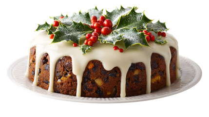 Christmas fruitcake or yule cake with icing and holly decoration isolated on white background