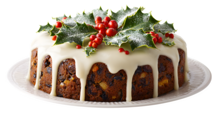 Christmas fruitcake or yule cake with icing and holly decoration isolated on white background