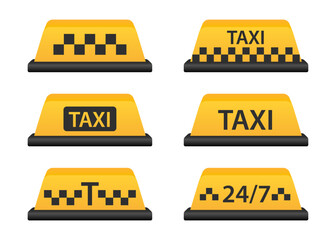 Taxi yellow white sign cab passenger urban carrier service. Taxi service icons set. Taxi signs. Stylish set of logos icons and stickers. Vector illustration