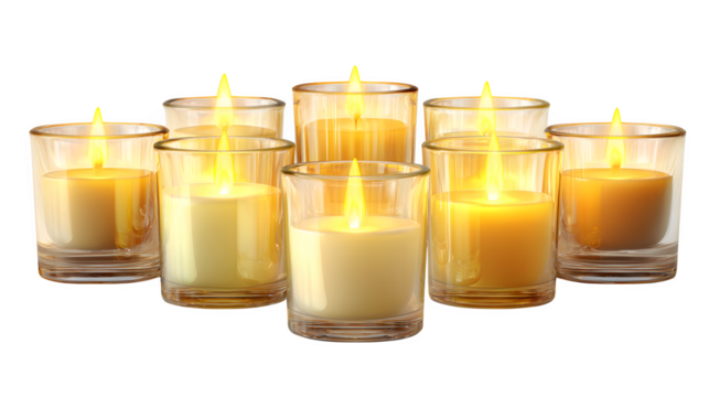 Christmas candles in glass holders glowing warmly isolated on white background