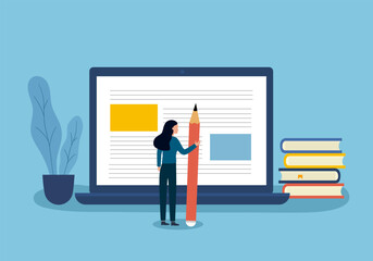 Copywriter freelance and blogger author create online article content concept vector illustration. Female writing web content on computer.