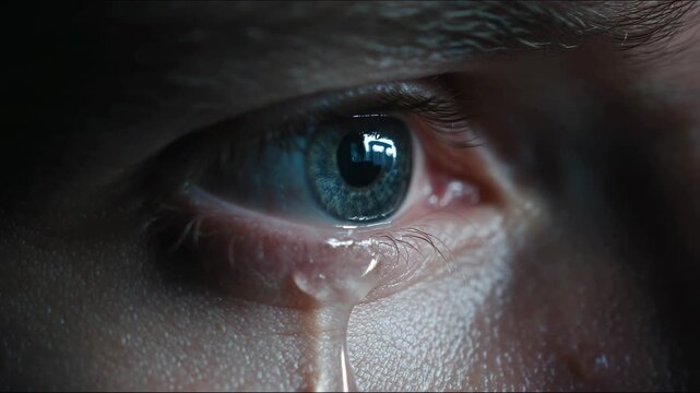 Close up of human eye with blue iris and tear drop on cheek symbolizing sadness emotion and deep feeling