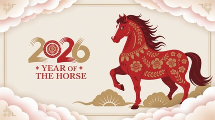 Chinese New Year 2026, dedicated to the Year of the Horse. A horse decorated with golden floral patterns.