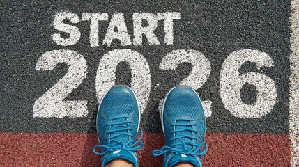 Ready to sprint into 2026 with determination and excitement, embracing new beginnings on the starting line in vibrant athletic shoes