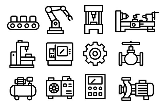 Industrial Machine Icons. Industrial Machinery linear icon set: conveyor, robotic arm, press machine, lathe, milling machine, CNC machine, gear, valve, compressor, generator,