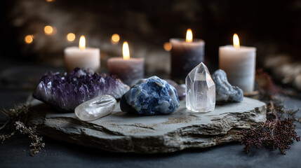 Winter solstice ritual, crystals, candles
