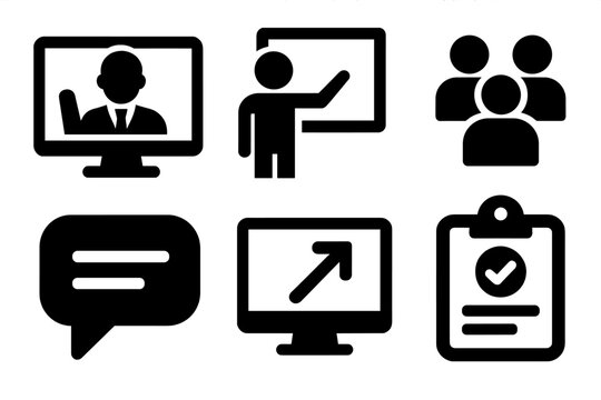 Bold Virtual Classroom Icons. Virtual Classroom silhouette icon set: teacher on video, whiteboard, student group, chat bubble, screen share, attendance icon.