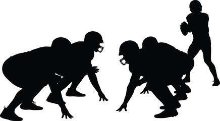 American Football Players Silhouette Vector Quarterback prepares to pass with linemen poised at the line of scrimmage