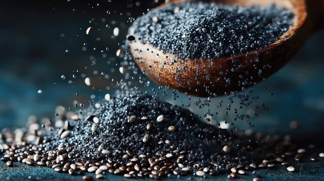 Chia Seeds Shower: An enticing capture of chia seeds cascading from a wooden spoon, creating a dynamic display that highlights their form