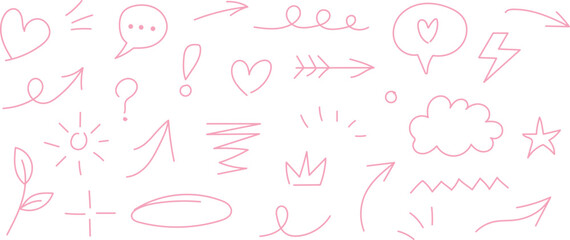 Pink Doodle Elements Set — Hand Drawn Line Art Arrows, Hearts, Stars and Scribbles Vector Collection