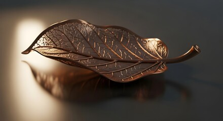 A bronze leaf with intricate vein details resting on a dark reflective surface with soft lighting