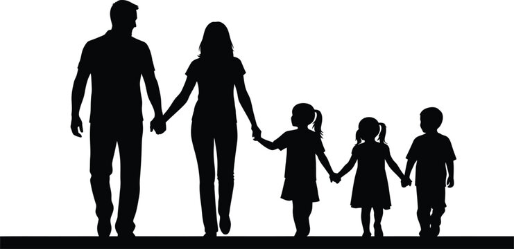 Family walking silhouette illustration parents holding hands with three children