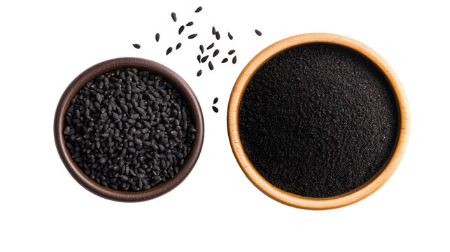 Two bowls of black cumin seeds isolated on transparent background - Powered by Adobe