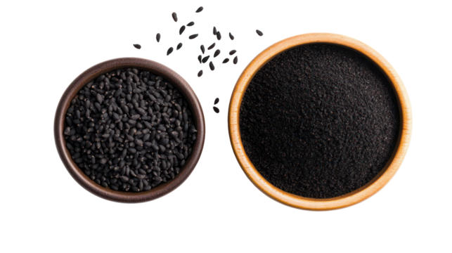 Two bowls of black cumin seeds isolated on transparent background