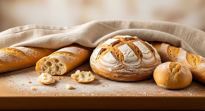 Artisanal bread assortment with linen cloth, bakery product on table