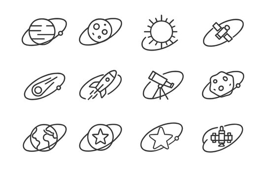 Celestial Bodies Icons. Orbits linear icon set: planet, moon, sun, satellite, comet, rocket, telescope, asteroid, orbit lines, earth, star, space station.