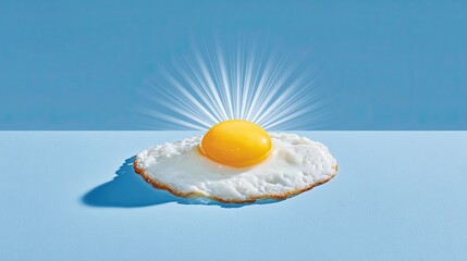 Sunny side up egg glowing like sunrise on blue background symbolizing morning energy creativity and optimism