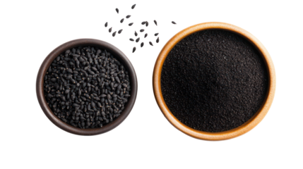 Two bowls of black cumin seeds isolated on transparent background