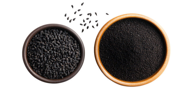 Two bowls of black cumin seeds isolated on transparent background