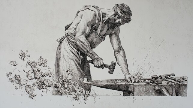 Blacksmith at work engraving sketch detailed etching of man forging metal with hammer and anvil sparks flying