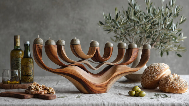 Hanukkah celebration concept, modern menorah with olive wood