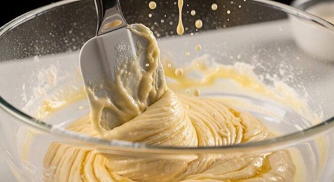 Creamy batter mixing motion in glass bowl for delightful homemade baking