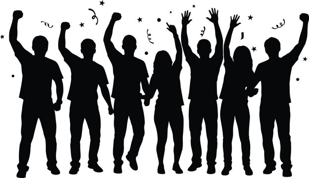 Celebrating Group Silhouette Vector with Raised Arms and Confetti Happy People Cheering at a Party or Event