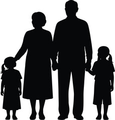 Obraz premium Intergenerational Family Silhouette Grandparents and Two Granddaughters Holding Hands Vector Illustration