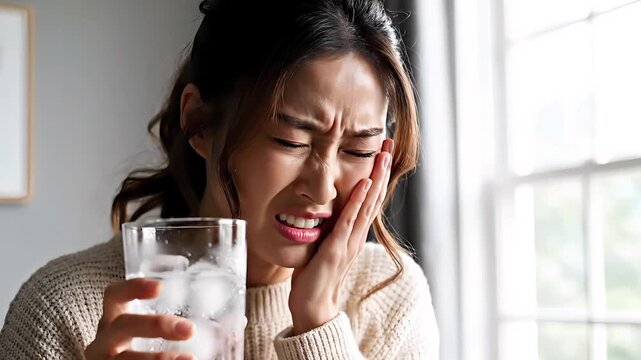 Woman Suffering from Severe Toothache with Cold Water Sensitivity