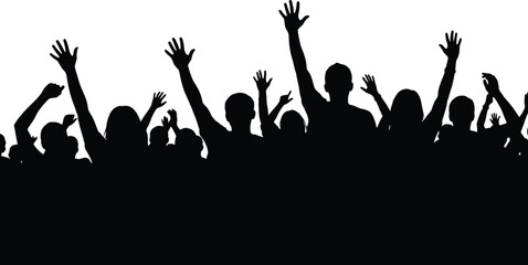 Silhouetted crowd with raised hands at concert or party audience cheering vector illustration