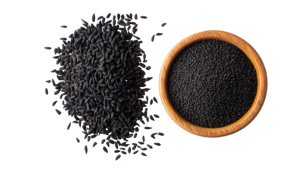 Black cumin seeds in a wooden bowl isolated on transparent background