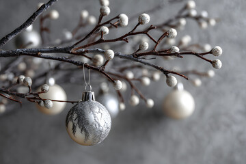 Fototapeta premium Christmas tree branch decorated with silver balls and white decor