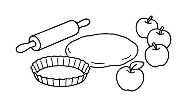 apple pie ingredients and tools. rolling pin, dough, pie tin, and whole apples. Black and white line art illustration, for coloring pages, cooking blogs, and recipe graphics. Vector illustration