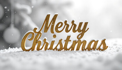 Golden merry christmas lettering in snow with blurred christmas tree in background 4k and hd image