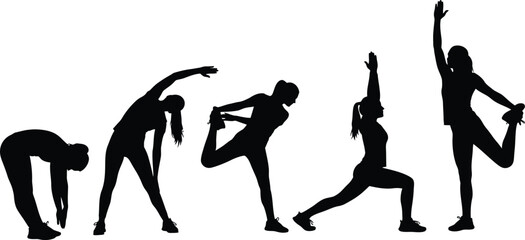Woman Stretching Silhouettes Set Fitness and Exercise Warm Up Poses Vector Graphic
