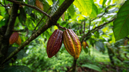 Obraz premium Cacao pods growing on a tropical tree