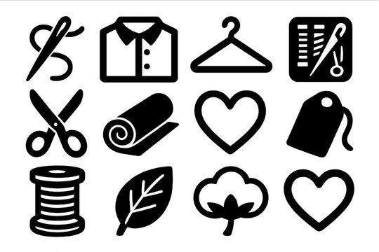 Ethical Fashion Icons. Ethical Clothing Icons silhouette icon set: needle, thread, folded shirt, hanger, sewing kit, scissors, fabric roll, tag, heart, spool, leaf, cotton plant.