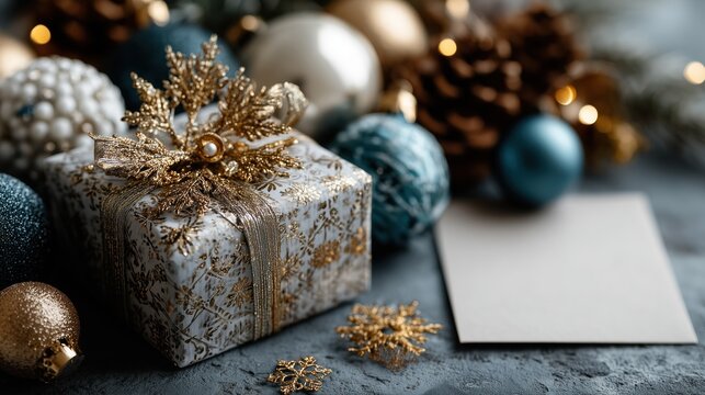 Elegant Christmas Gift with Gold Accents and Festive Decorations
