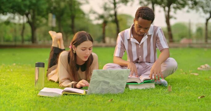 Indian young adult gen z lady female lying on grass use laptop look screen check new email e work garden park. Busy pupil male man do exam study read course book spend break time day college place