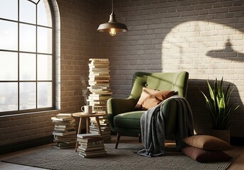 Cozy corner with armchair, books, and warm light ideal for reading