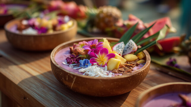 Indulge in a vibrant Wonderfruit Festival, Thailand culinary delight a visually stunning and delicious tropical fruit bowl, a feast for the senses