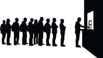 People in queue silhouette waiting at service counter or ticket window minimalist vector graphic