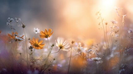 Obraz premium Ethereal Blooming Flowers in Soft Focus with Gentle Light Creating a Dreamy Atmosphere in a Delicate Meadow at Dusk