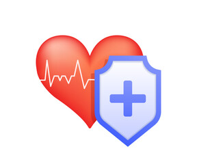 3D Shield and Heart pulse illustration. Single heartbeat, cardiogram. Health insurance concept with heart and medical shield. Healthcare and medical service. Vector illustration