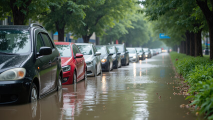 Flooded street with parked cars urban environment rainy weather water accumulation cityscape transportation disruption