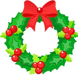 Cute Cartoon Christmas Wreath Illustration with Red Bow