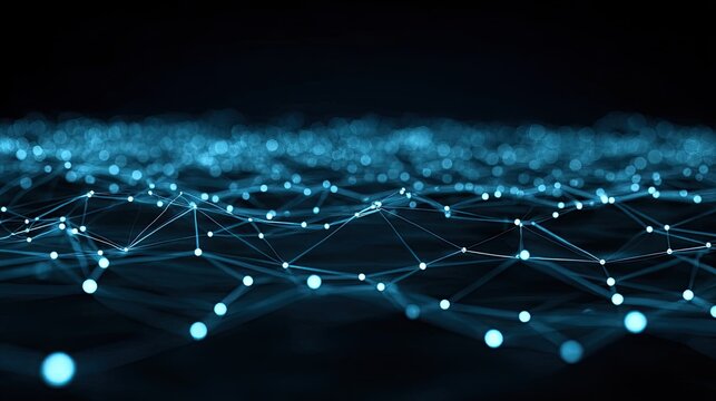 Glowing blue interconnected nodes form a complex digital mesh structure in darkness