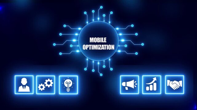 Digital concept of mobile optimization with glowing icons and circuit board design digital marketing
