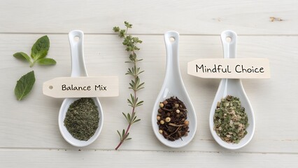 Ceramic spoons with herbs and labels for balance and mindfulness
