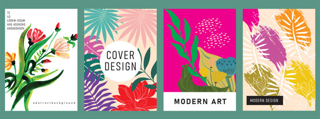 Modern Floral Botanical Cover Template Set with Colorful Abstract Leaves, Hand-Drawn Flower Illustrations, Tropical Nature Art, and Decorative Contemporary Poster Designs